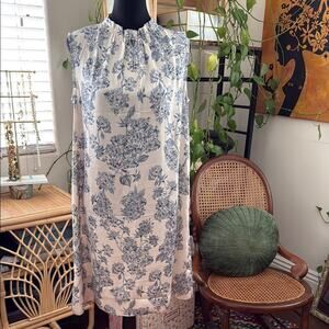 H&M French Blue & Ivory Floral Satiny High Neck Sleeveless Mini Shift Dress